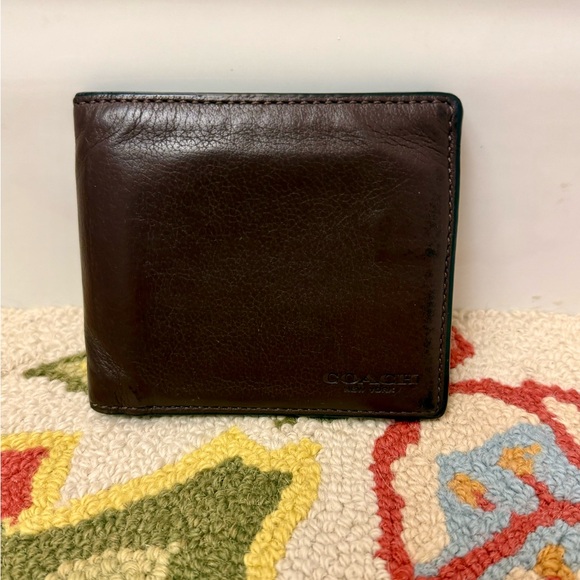 COACH Unisex Dark Brown Pebbled- Textured Leather Bifold Compact Wallet - Picture 15 of 16